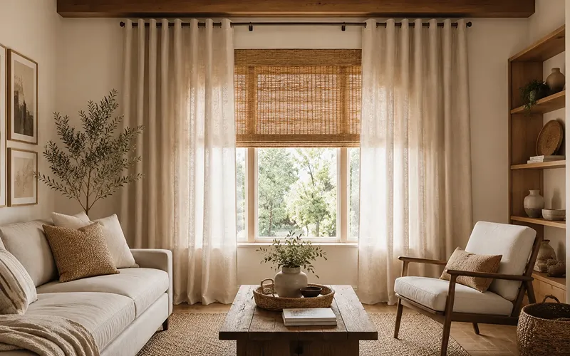 Natural-Fiber Curtains Over Woven Shades