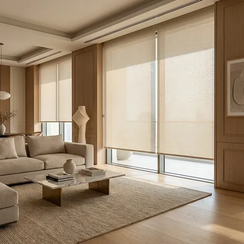 Luxury living room with premium roller blinds in Dubai