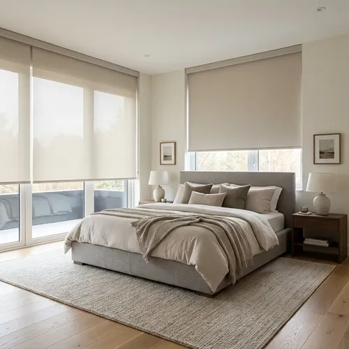 Modern bedroom with stylish roller blinds on large windows